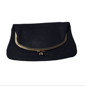 Melton Black Foldover Clutch Purse with Gold Kiss Clasp Closure Mel-Ton